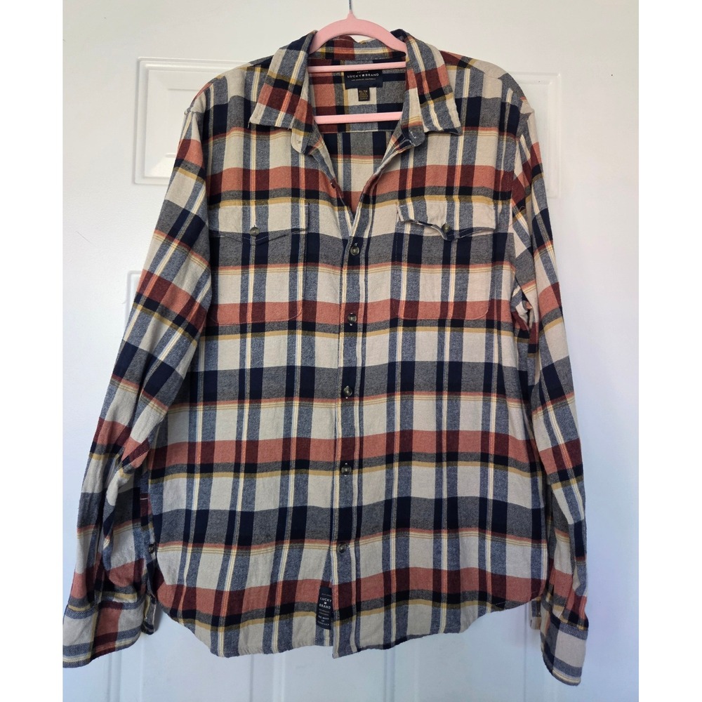 Lucky Brand Mens XL Plaid Flannel Shirt Long Sleeve Button Down Navy Orange Cozy